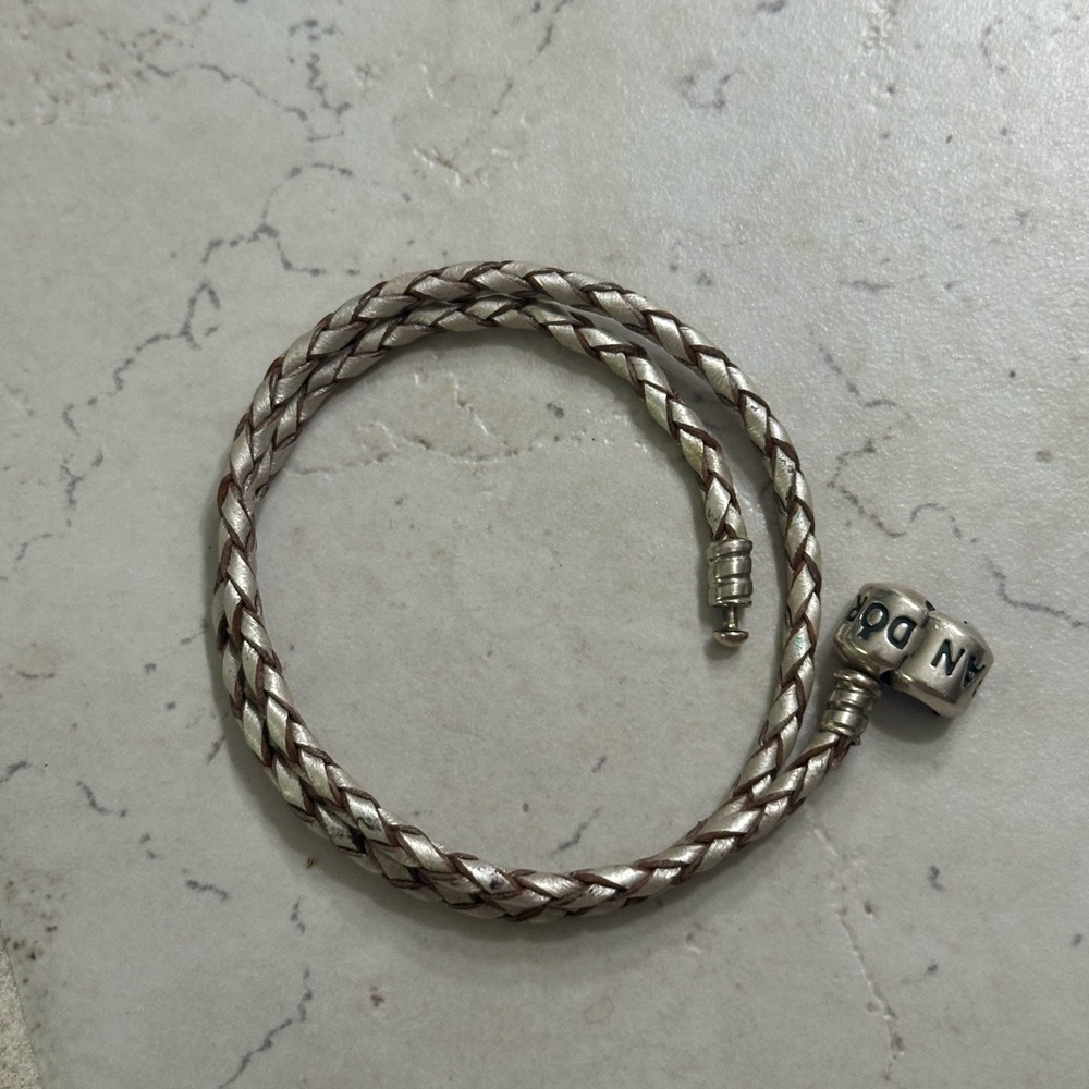 Authentic Pandora Double Champagne Leather Bracelet with Sterling Silver Clasp